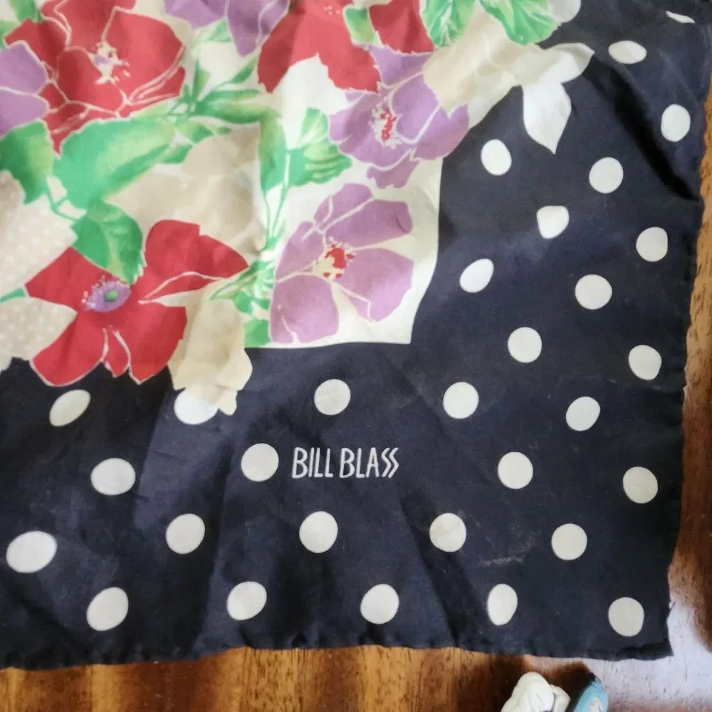 Bill Blass Vintage Women's Square Scarf Polka Dot Floral Black Red Purple Green